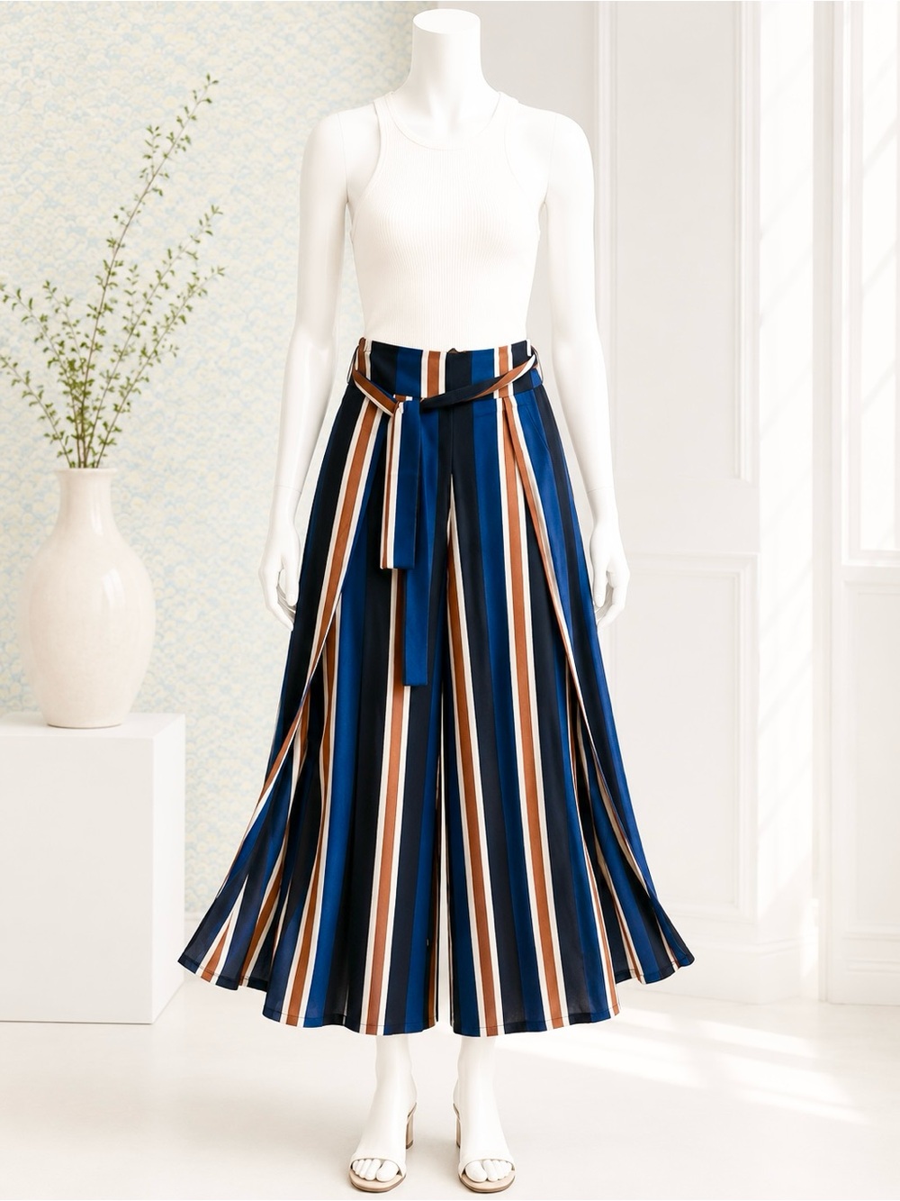 ⚡️Summer Sale⚡️Boho Striped Wide Leg Culotte Pants Side Slit Tie Waist Size S